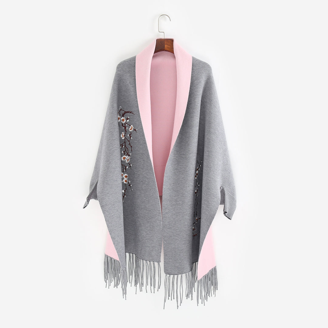 Damen Reversible Strick-Ruana mit Blumenstickerei und Fransensaum Echo Archiv