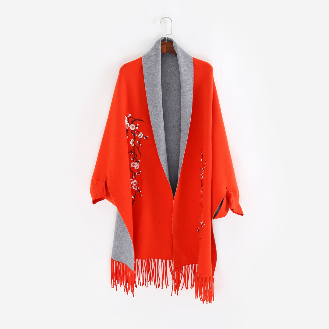 Damen Reversible Strick-Ruana mit Blumenstickerei und Fransensaum Echo Archiv