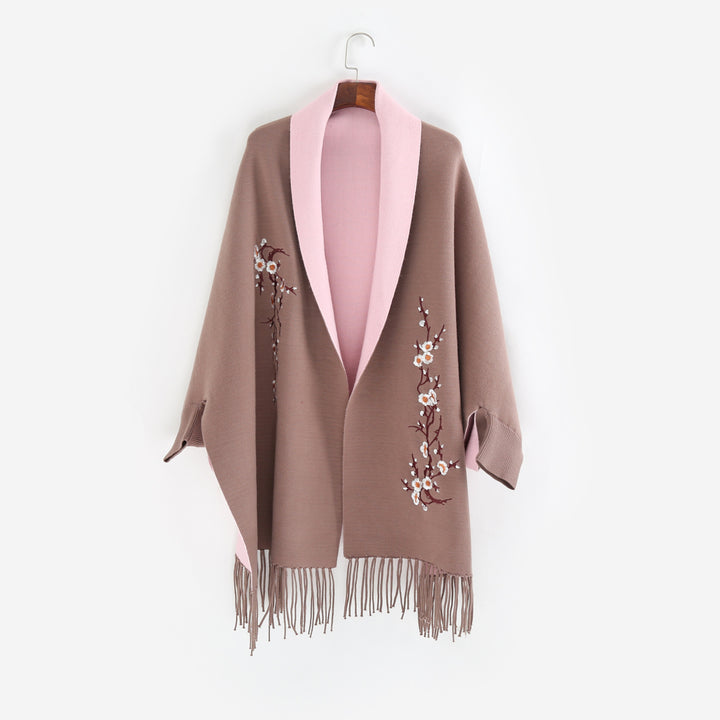 Damen Reversible Strick-Ruana mit Blumenstickerei und Fransensaum Echo Archiv