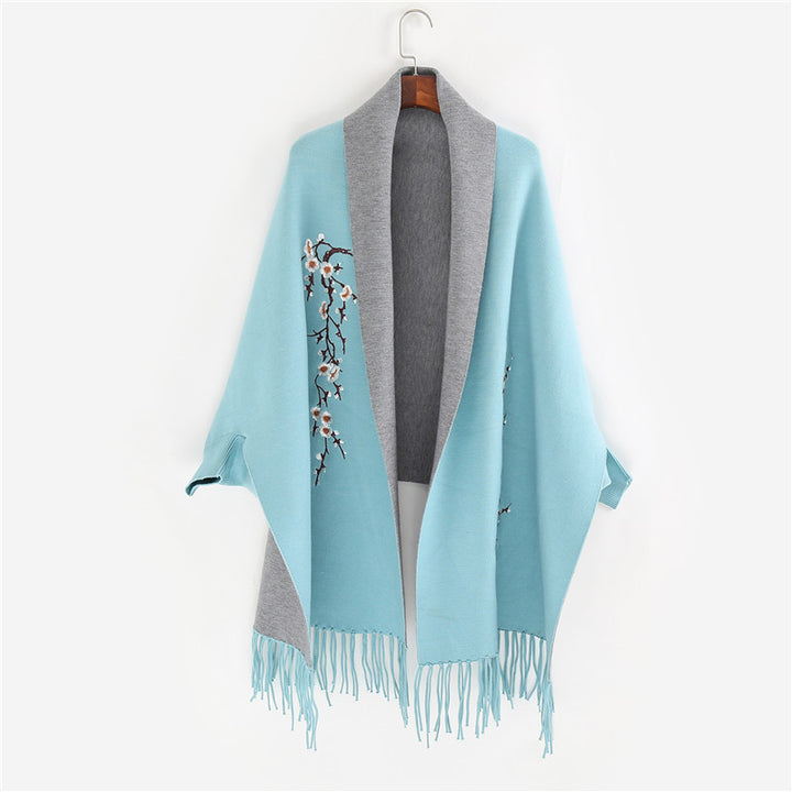 Damen Reversible Strick-Ruana mit Blumenstickerei und Fransensaum Echo Archiv
