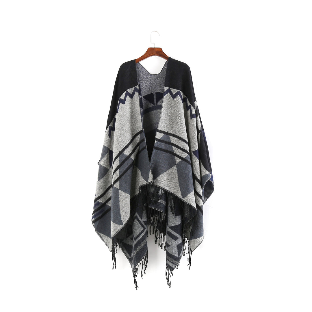 Damen Großer Fransen-Cardigan im Ruana-Stil mit grafischem Jacquard – Veloura