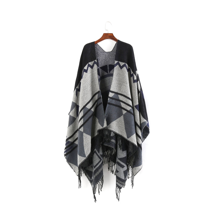 Damen Großer Fransen-Cardigan im Ruana-Stil mit grafischem Jacquard – Veloura