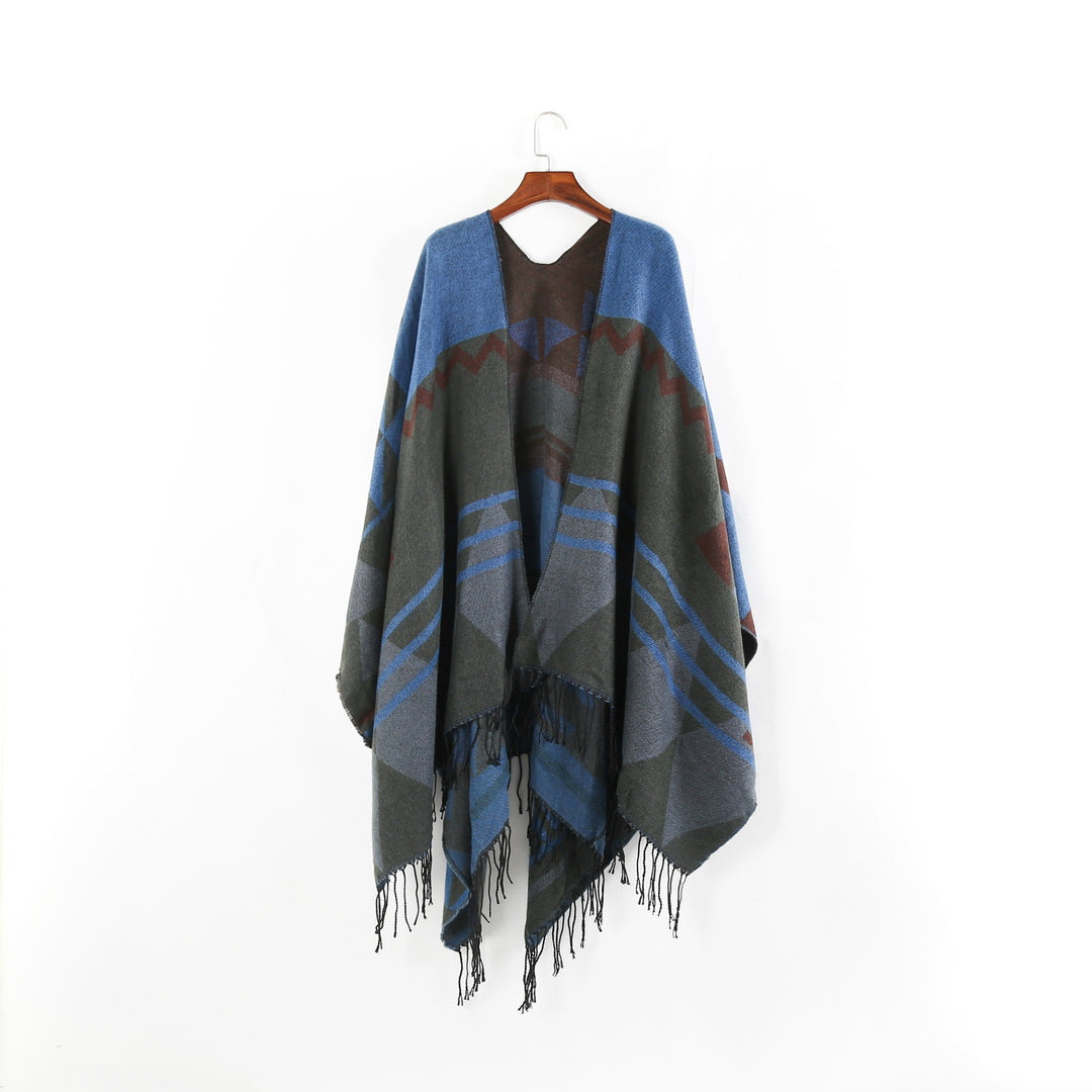 Damen Großer Fransen-Cardigan im Ruana-Stil mit grafischem Jacquard – Veloura