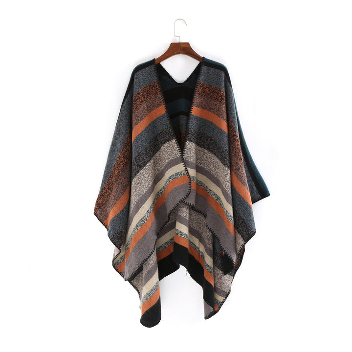Damen Gewobene Oversize-Ruana mit diagonalem Blockstreifen und Kettelkante Echo Archiv