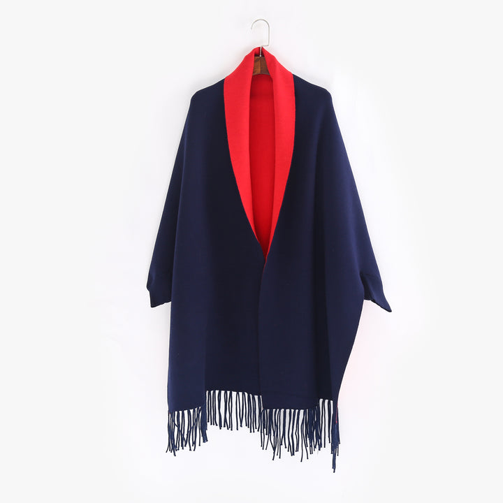 Damen Oversize-Wendecape mit Schalkragen und Fransensaum Echo Archiv