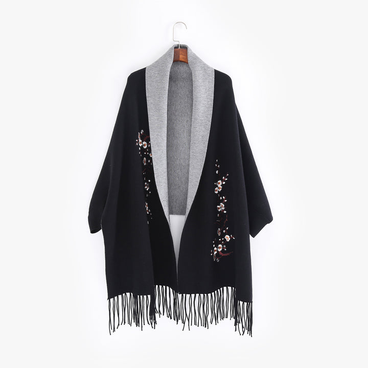 Damen Reversible Strick-Ruana mit Blumenstickerei und Fransensaum Echo Archiv