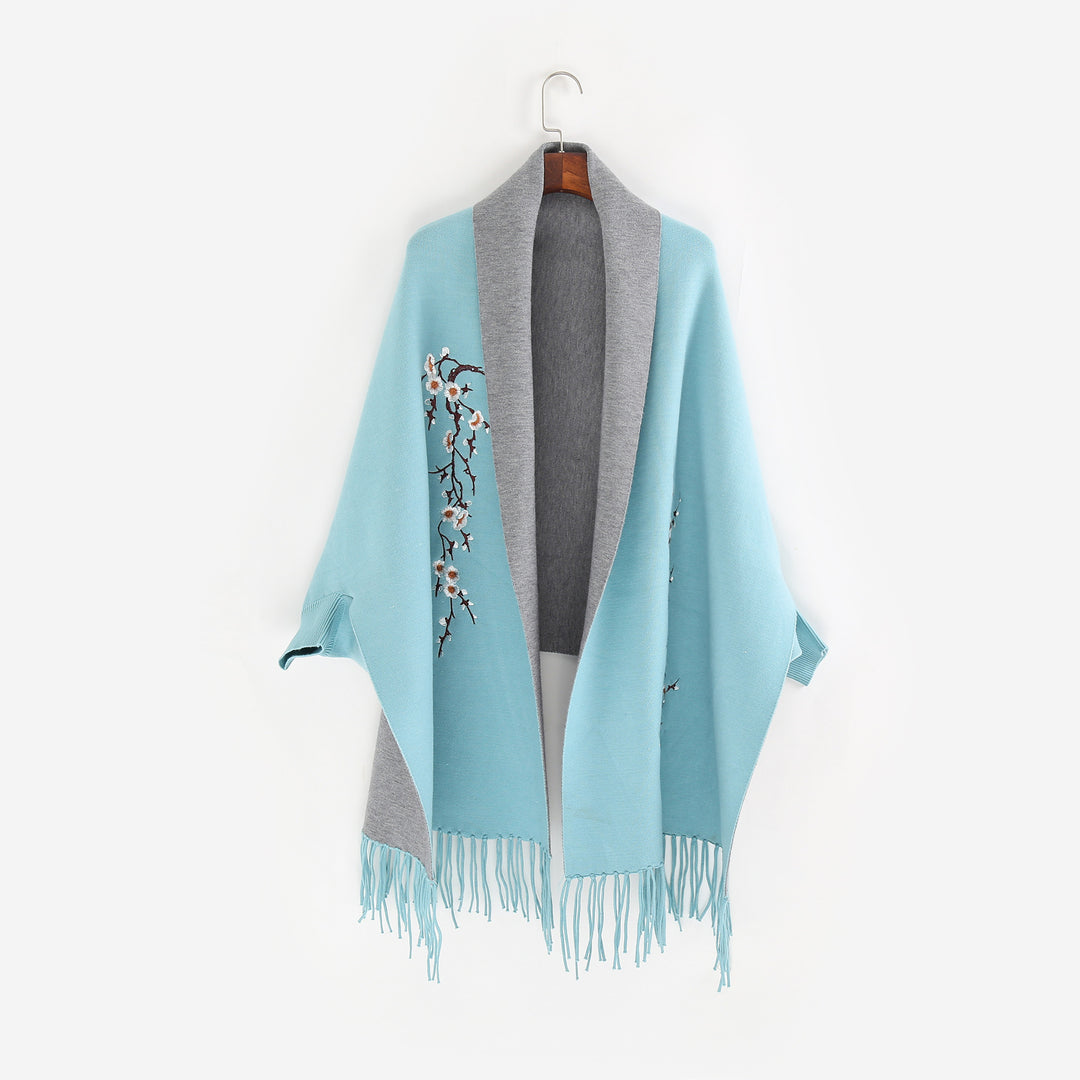Damen Reversible Strick-Ruana mit Blumenstickerei und Fransensaum Echo Archiv