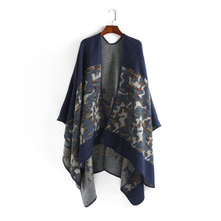 Damen Oversize-Ruana-Umhang aus Wollmix mit geometrischem Jacquardbesatz – Montévia