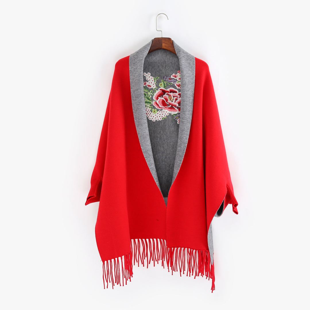 Damen Cape‑Schal mit besticktem Innenfutter und Fransensaum Echo Archiv
