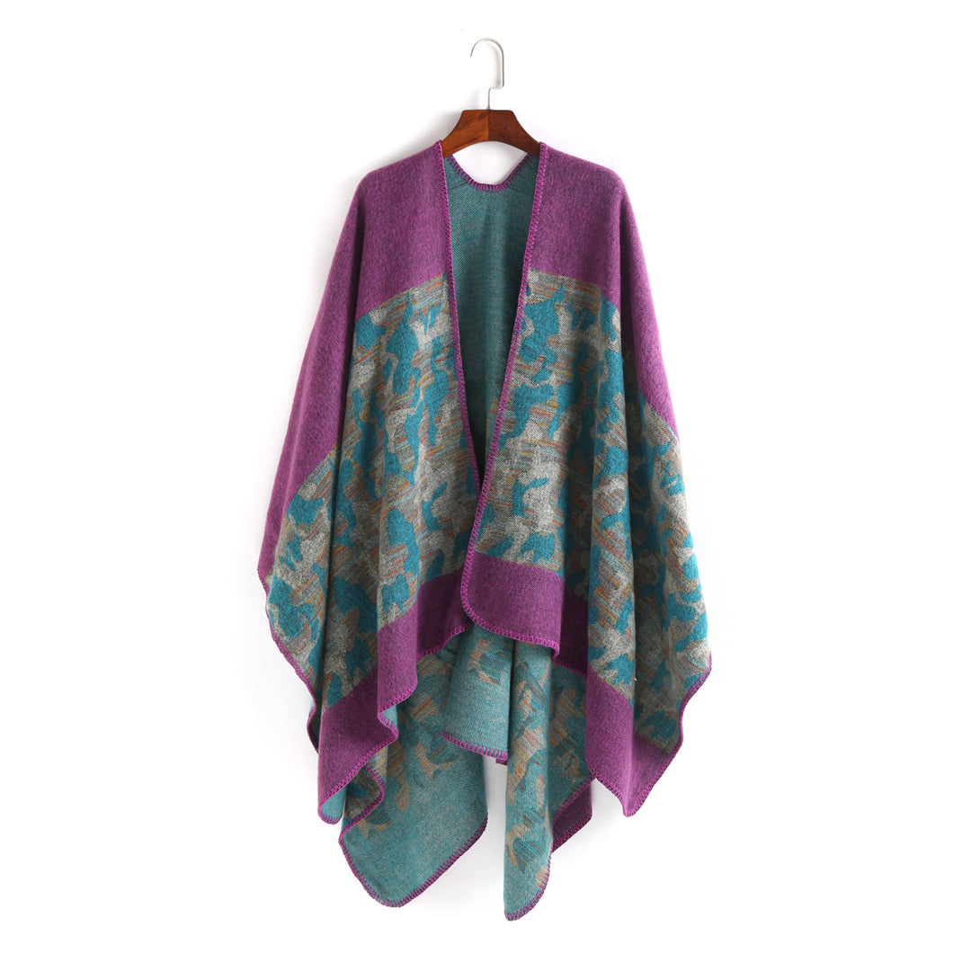 Damen Oversize-Ruana-Umhang aus Wollmix mit geometrischem Jacquardbesatz – Montévia