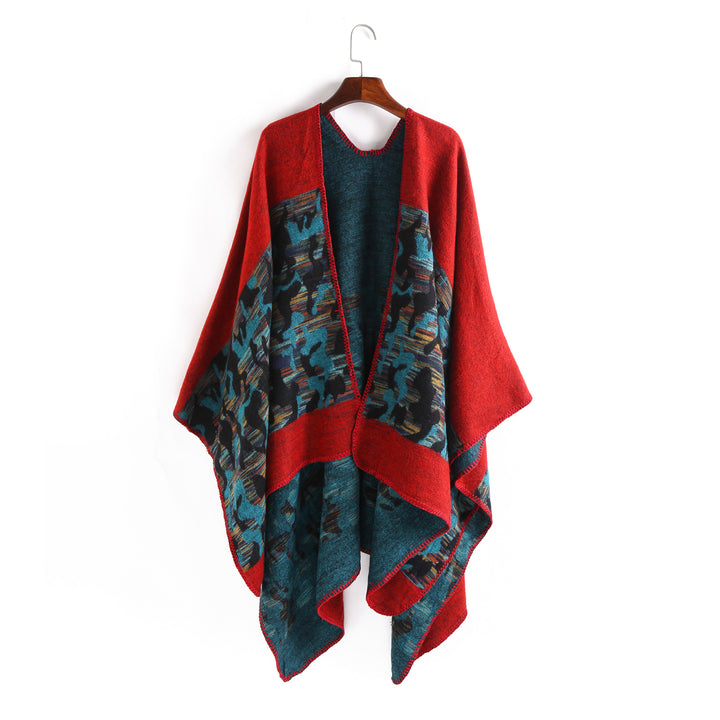 Damen Oversize-Ruana-Umhang aus Wollmix mit geometrischem Jacquardbesatz – Montévia