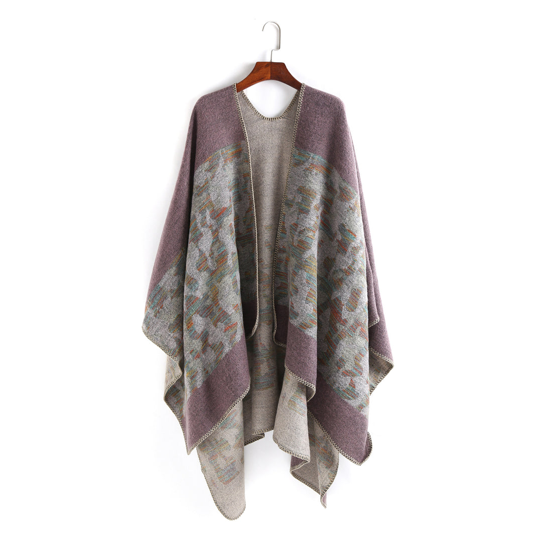 Damen Oversize-Ruana-Umhang aus Wollmix mit geometrischem Jacquardbesatz – Montévia