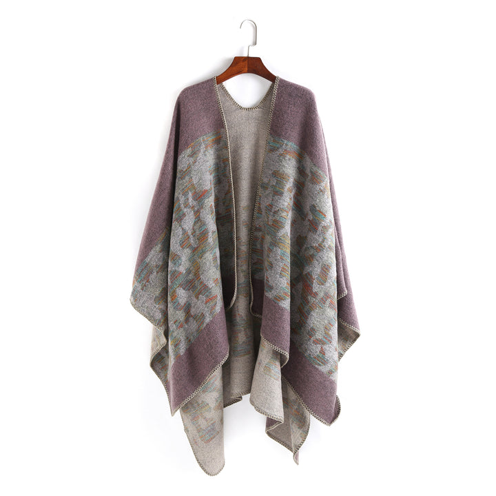 Damen Oversize-Ruana-Umhang aus Wollmix mit geometrischem Jacquardbesatz – Montévia
