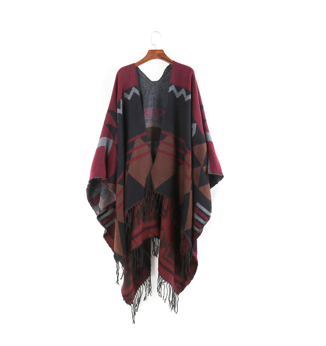 Damen Großer Fransen-Cardigan im Ruana-Stil mit grafischem Jacquard – Veloura