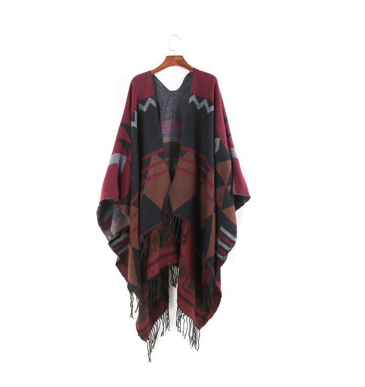 Damen Großer Fransen-Cardigan im Ruana-Stil mit grafischem Jacquard – Veloura