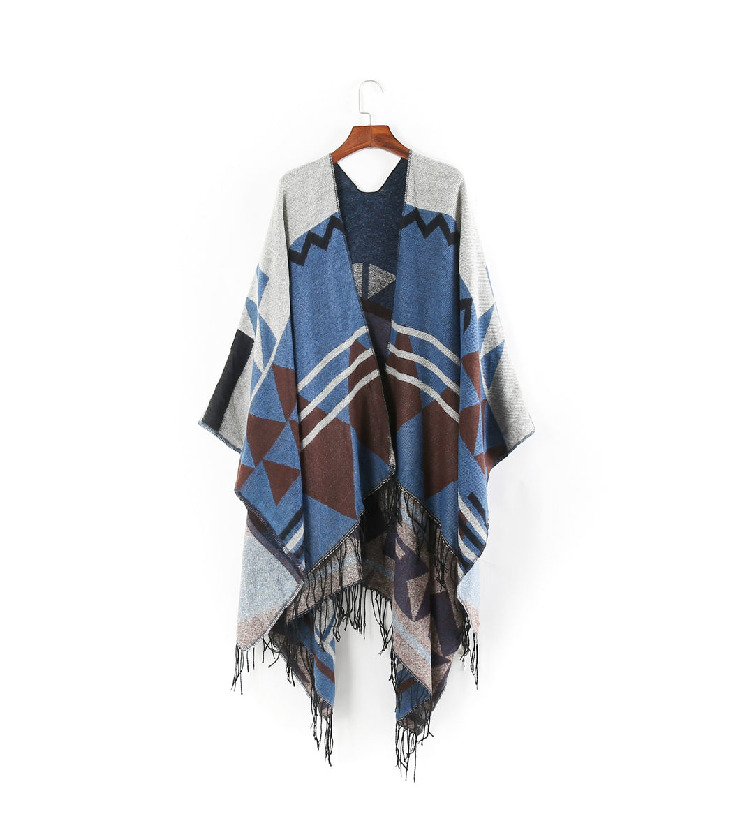 Damen Großer Fransen-Cardigan im Ruana-Stil mit grafischem Jacquard – Veloura