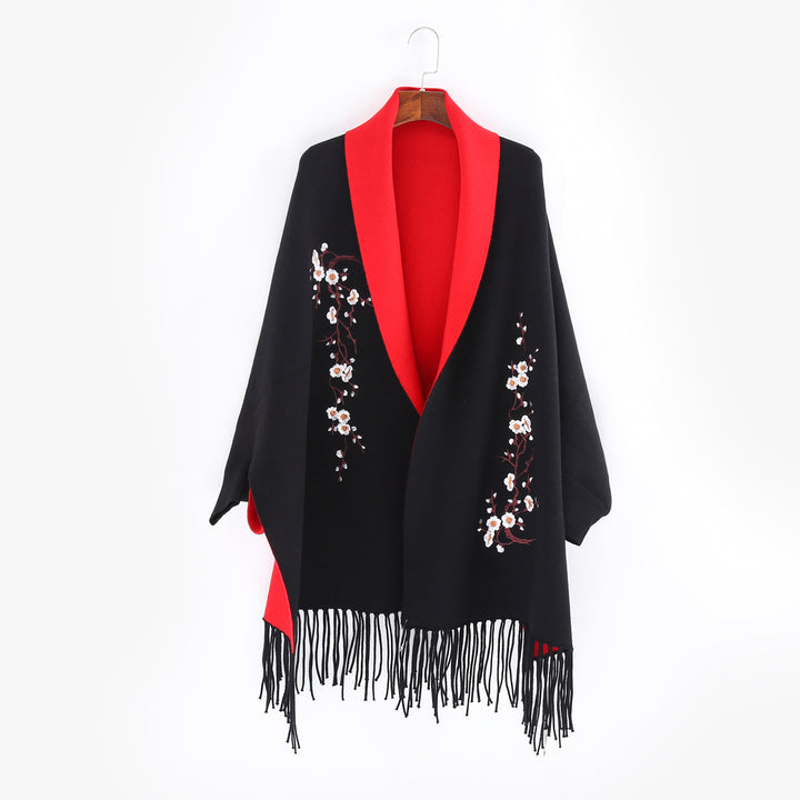 Damen Reversible Strick-Ruana mit Blumenstickerei und Fransensaum Echo Archiv