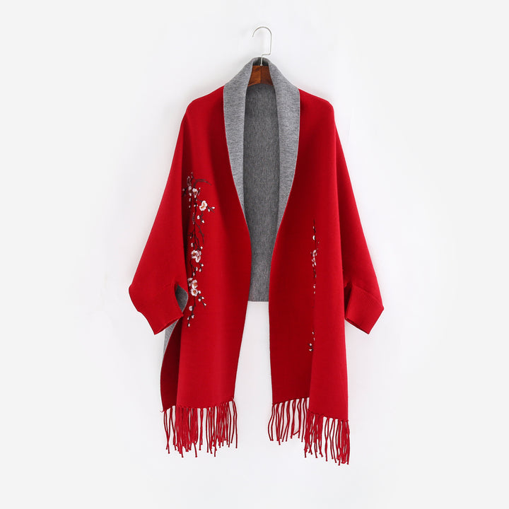 Damen Reversible Strick-Ruana mit Blumenstickerei und Fransensaum Echo Archiv