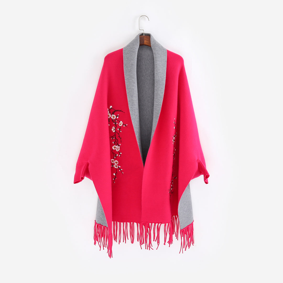 Damen Reversible Strick-Ruana mit Blumenstickerei und Fransensaum Echo Archiv