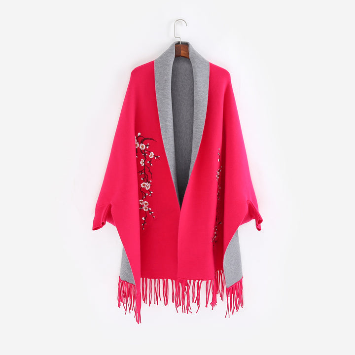 Damen Reversible Strick-Ruana mit Blumenstickerei und Fransensaum Echo Archiv
