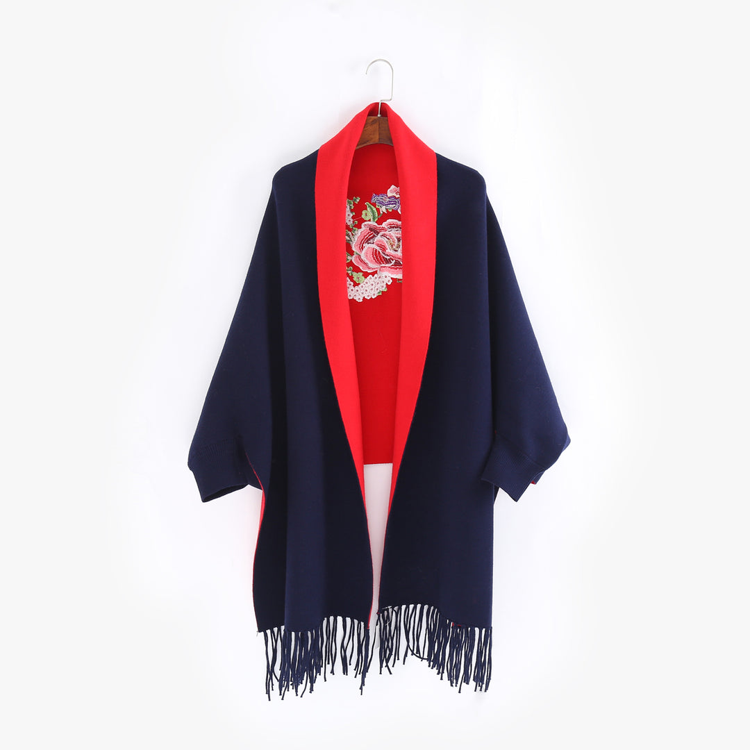 Damen Cape‑Schal mit besticktem Innenfutter und Fransensaum Echo Archiv