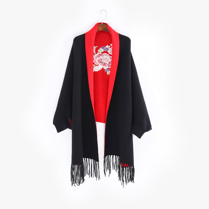 Damen Cape‑Schal mit besticktem Innenfutter und Fransensaum Echo Archiv
