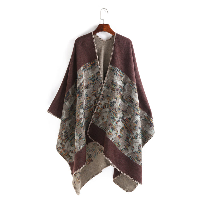 Damen Oversize-Ruana-Umhang aus Wollmix mit geometrischem Jacquardbesatz – Montévia