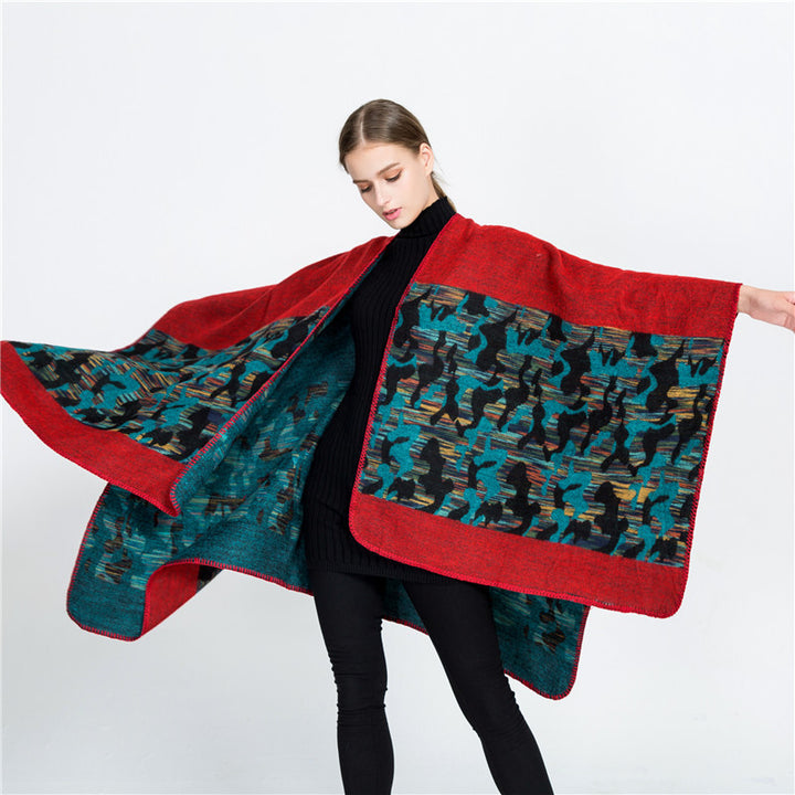 Damen Oversize-Ruana-Umhang aus Wollmix mit geometrischem Jacquardbesatz – Montévia