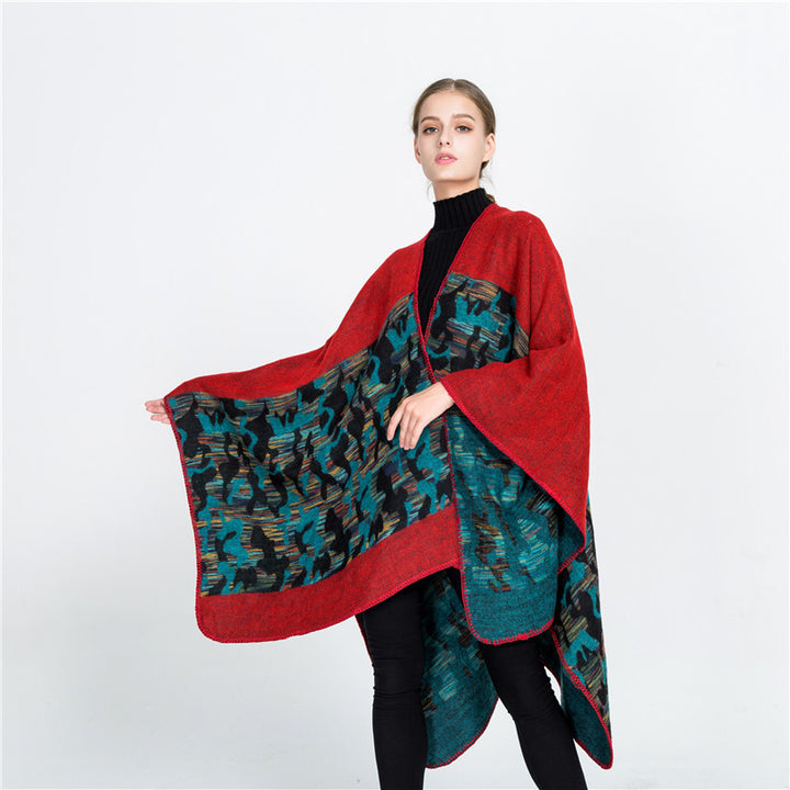 Damen Oversize-Ruana-Umhang aus Wollmix mit geometrischem Jacquardbesatz – Montévia