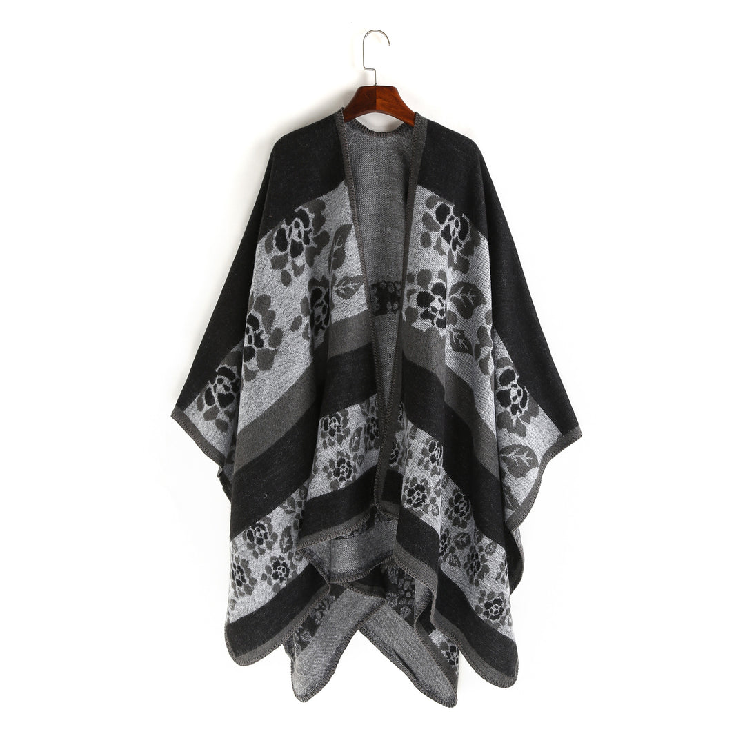 Damen Jacquard-Ruana-Überwurf mit floralem Intarsienmuster und offenem Fall – Montévia