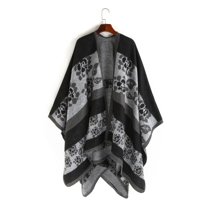 Damen Jacquard-Ruana-Überwurf mit floralem Intarsienmuster und offenem Fall – Montévia