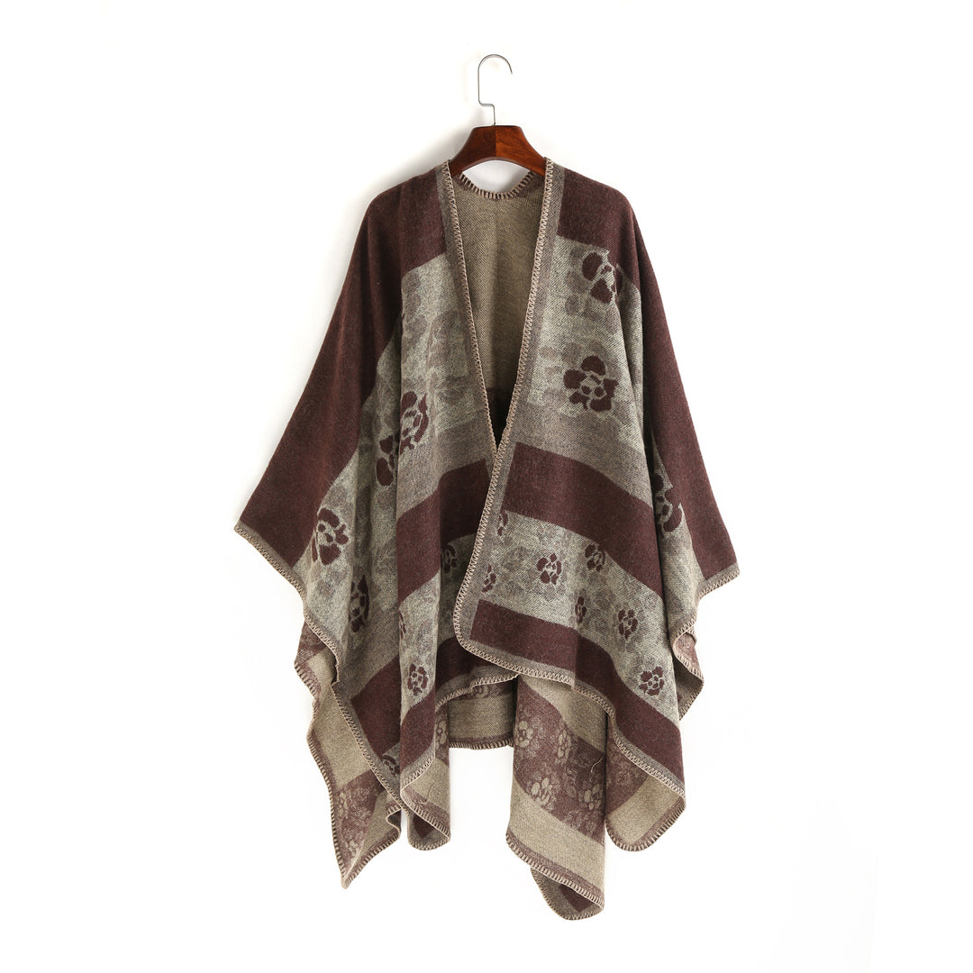 Damen Jacquard-Ruana-Überwurf mit floralem Intarsienmuster und offenem Fall – Montévia