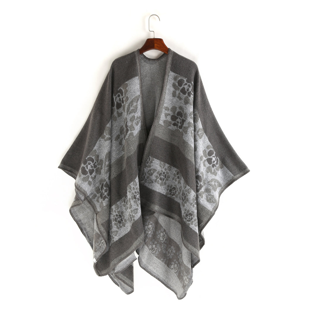 Damen Jacquard-Ruana-Überwurf mit floralem Intarsienmuster und offenem Fall – Montévia