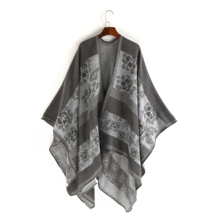 Damen Jacquard-Ruana-Überwurf mit floralem Intarsienmuster und offenem Fall – Montévia