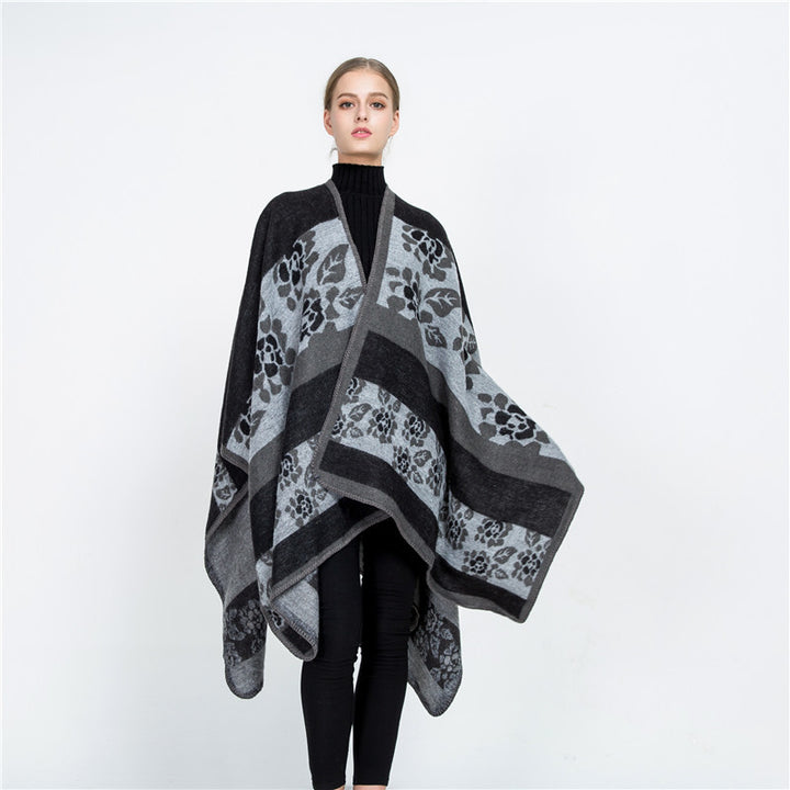 Damen Jacquard-Ruana-Überwurf mit floralem Intarsienmuster und offenem Fall – Montévia
