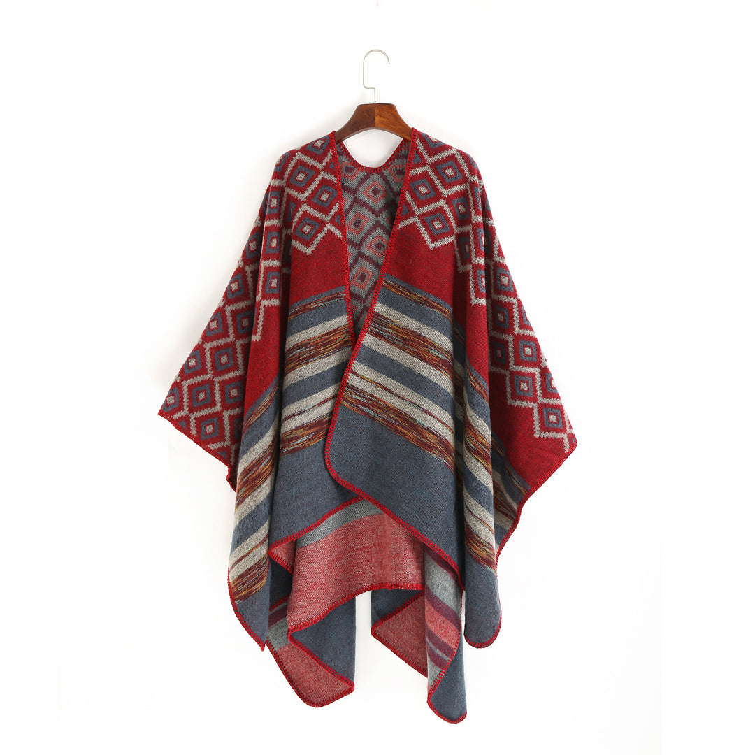 Damen Wolloptik-Ruana mit gewebtem Quadratjacquard und Zierstichkante – Avérine