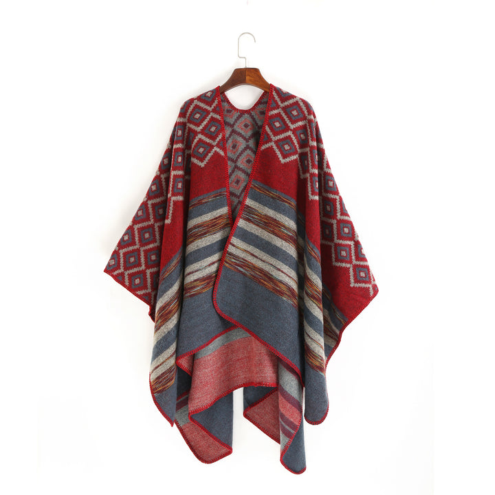Damen Wolloptik-Ruana mit gewebtem Quadratjacquard und Zierstichkante – Avérine