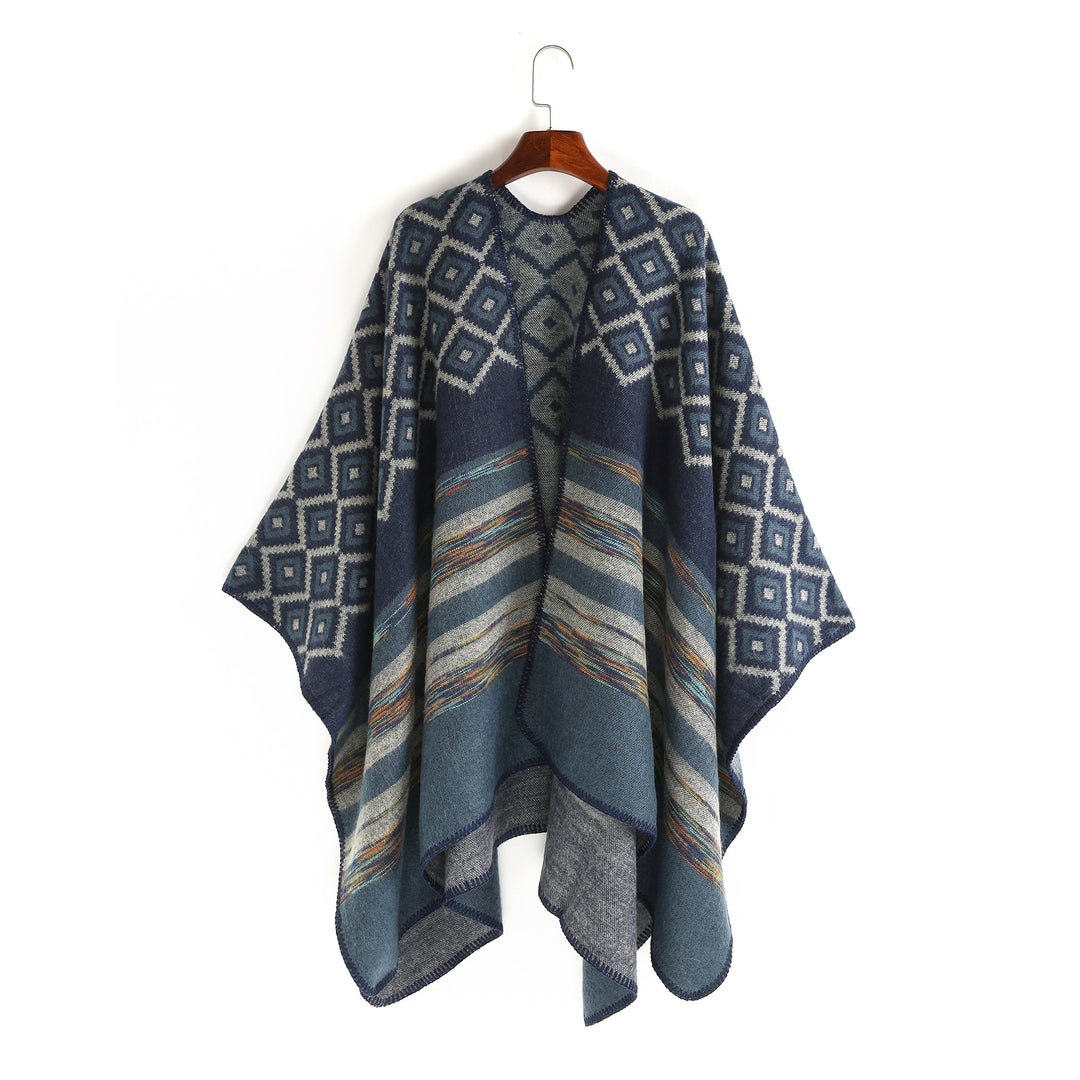 Damen Wolloptik-Ruana mit gewebtem Quadratjacquard und Zierstichkante – Avérine