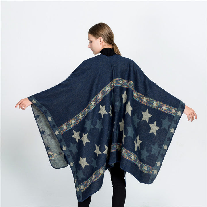 Damen Jacquard‑Ruana‑Poncho mit Sternjacquard und weichfallender Oversize‑Silhouette Echo Archiv