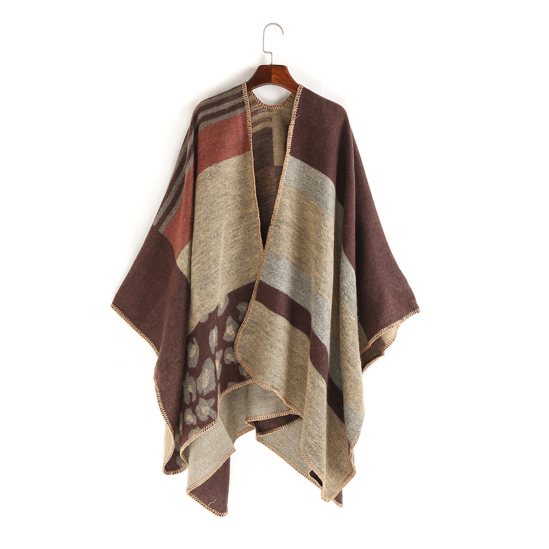 Damen Oversize-Ruana-Poncho mit Sternjacquard und Zierstichkante – Célinea
