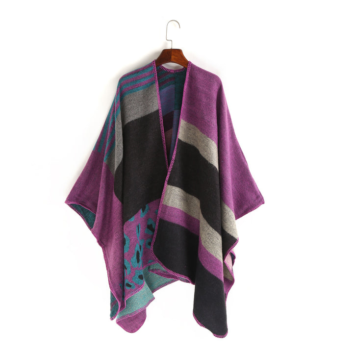 Damen Oversize-Ruana-Poncho mit Sternjacquard und Zierstichkante – Célinea