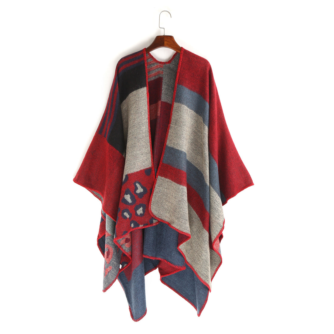 Damen Oversize-Ruana-Poncho mit Sternjacquard und Zierstichkante – Célinea