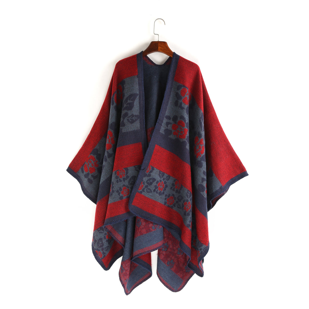 Damen Jacquard-Ruana-Überwurf mit floralem Intarsienmuster und offenem Fall – Montévia