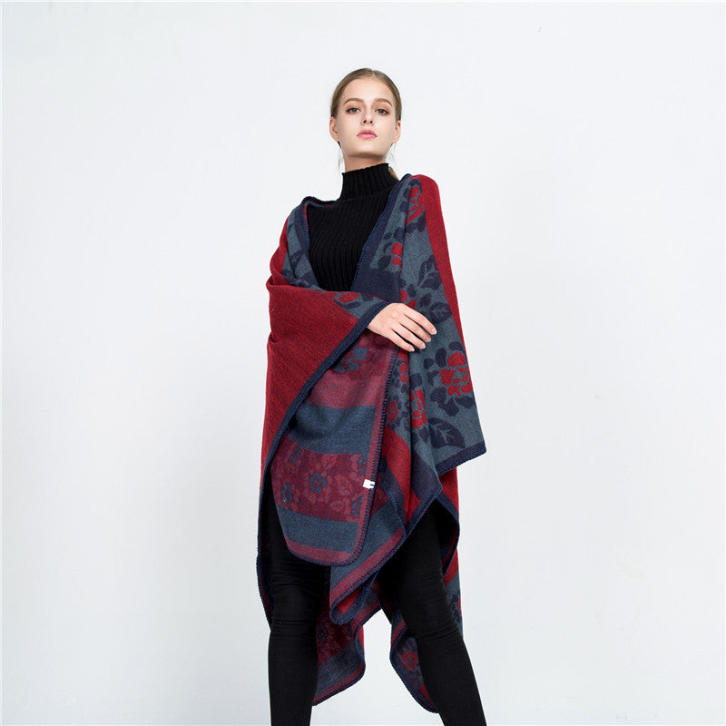 Damen Jacquard-Ruana-Überwurf mit floralem Intarsienmuster und offenem Fall – Montévia