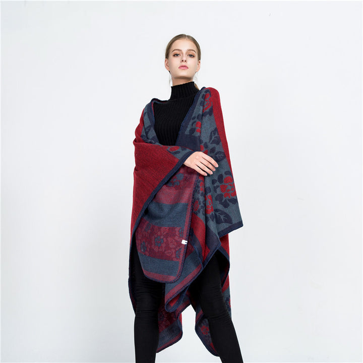 Damen Jacquard-Ruana-Überwurf mit floralem Intarsienmuster und offenem Fall – Montévia