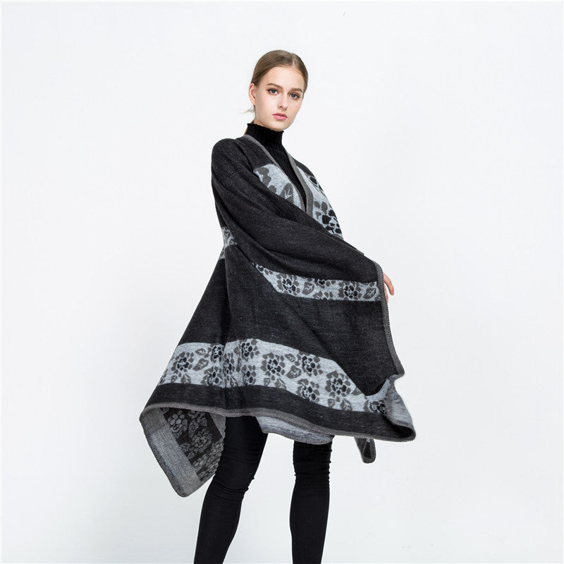 Damen Jacquard-Ruana-Überwurf mit floralem Intarsienmuster und offenem Fall – Montévia