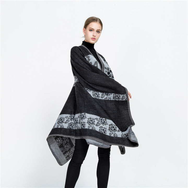 Damen Jacquard-Ruana-Überwurf mit floralem Intarsienmuster und offenem Fall – Montévia