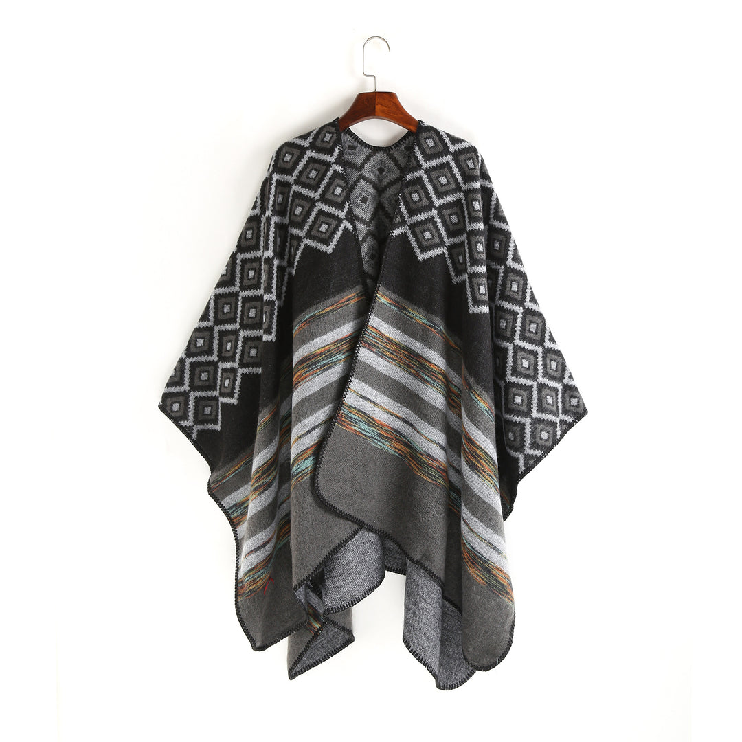 Damen Wolloptik-Ruana mit gewebtem Quadratjacquard und Zierstichkante – Avérine