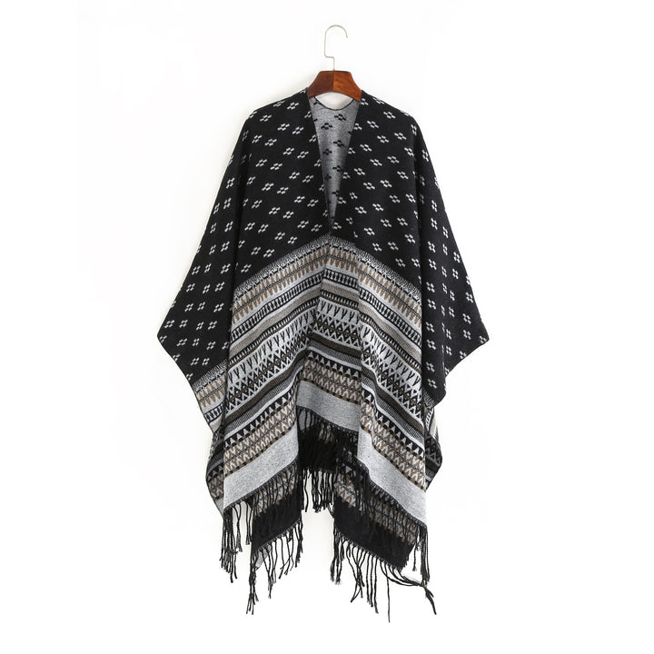 Damen Ruana-Poncho mit Jacquardmuster, Fransen und weichem Wollmix Echo Archiv