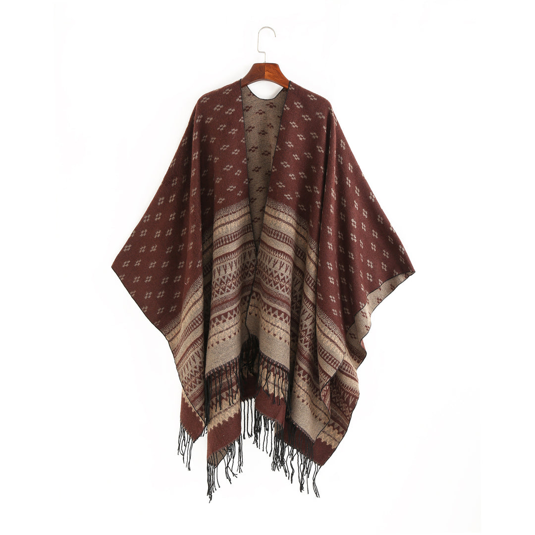 Damen Ruana-Poncho mit Jacquardmuster, Fransen und weichem Wollmix Echo Archiv